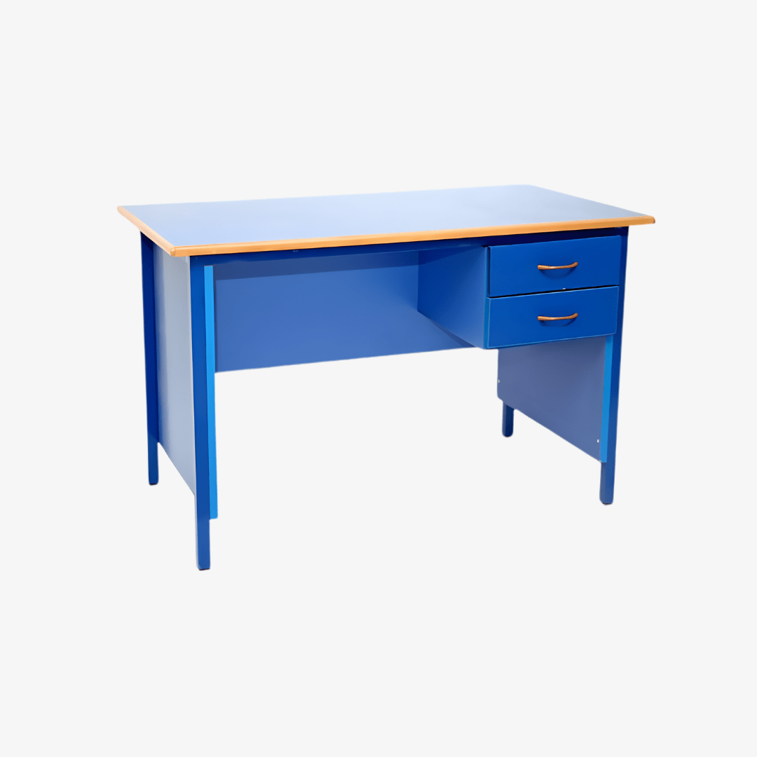 Bureau scolaire bleu avec tiroirs