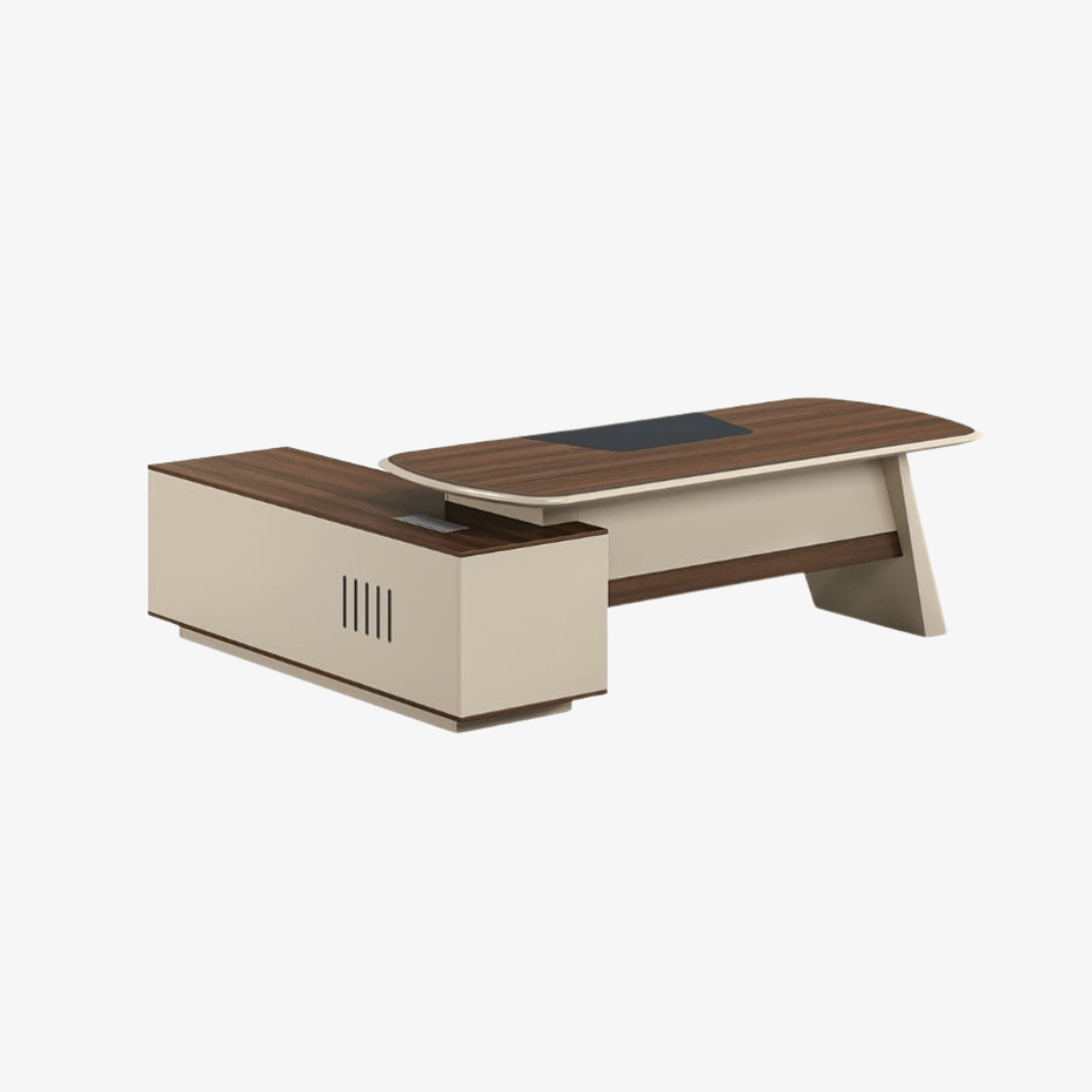 Bureau de direction moderne bois foncé et beige avec plateau arrondi